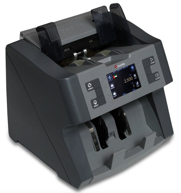 Currency counting machine with a digital display on a white background