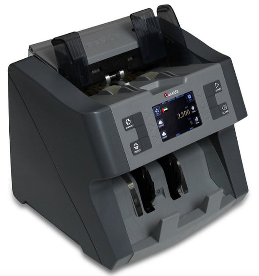 Currency counting machine with a digital display on a white background