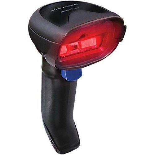 Datalogic QuickScan QD2200 Series corded barcode scanner with a black color scheme, featuring a red scanning light and a blue trigger.