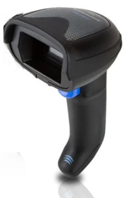 Datalogic Gryphon GBT4500 2D Bluetooth Barcode Scanner in black color with blue accents, showing the side profile with the scanning window visible.