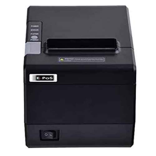 A black E-Pos thermal receipt printer with a paper exit slot and control buttons on the top. It has interface ports on the side and is designed for desktop or wall mounting.