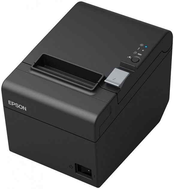 Epson TM-T20III receipt printer in black with a paper exit tray and visible brand logo on the side.