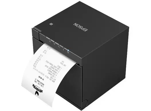 Black Epson printer with a printed receipt on a white background