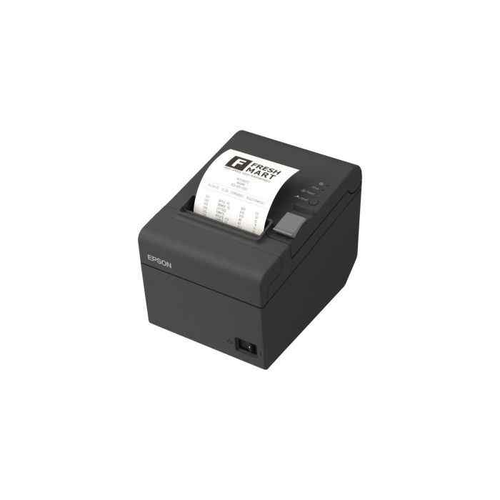 An Epson thermal receipt printer, model TMT20IIU SB, in black color with a printed receipt coming out of the printer.