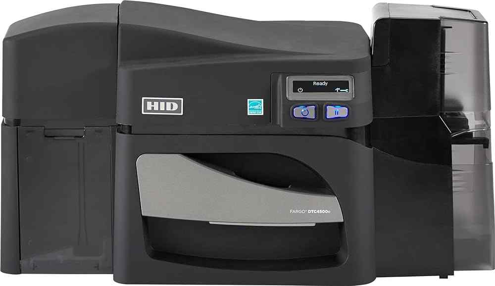 A black Fargo DTC4500e single-sided ID card printer with a USB and Ethernet interface.