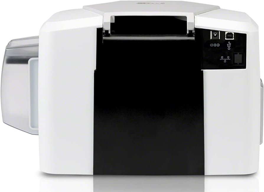 A Fargo DTC C50 single sided ID card printer, predominantly white in color, with a black print head.
