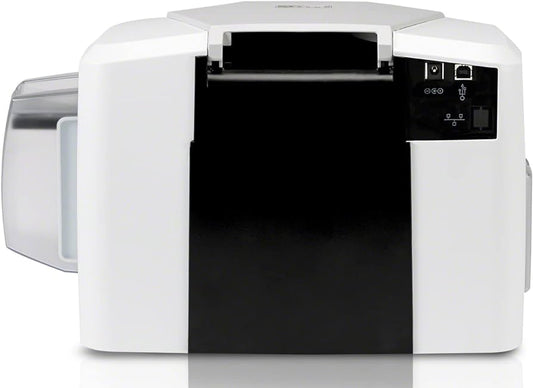 A Fargo DTC C50 single sided ID card printer, predominantly white in color, with a black print head.