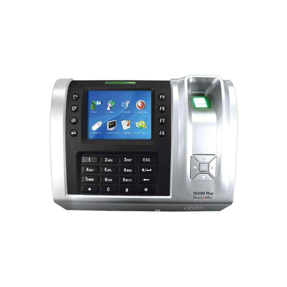 A FingerTec TA200Plus Time & Attendance Machine with a digital screen and a fingerprint scanner.