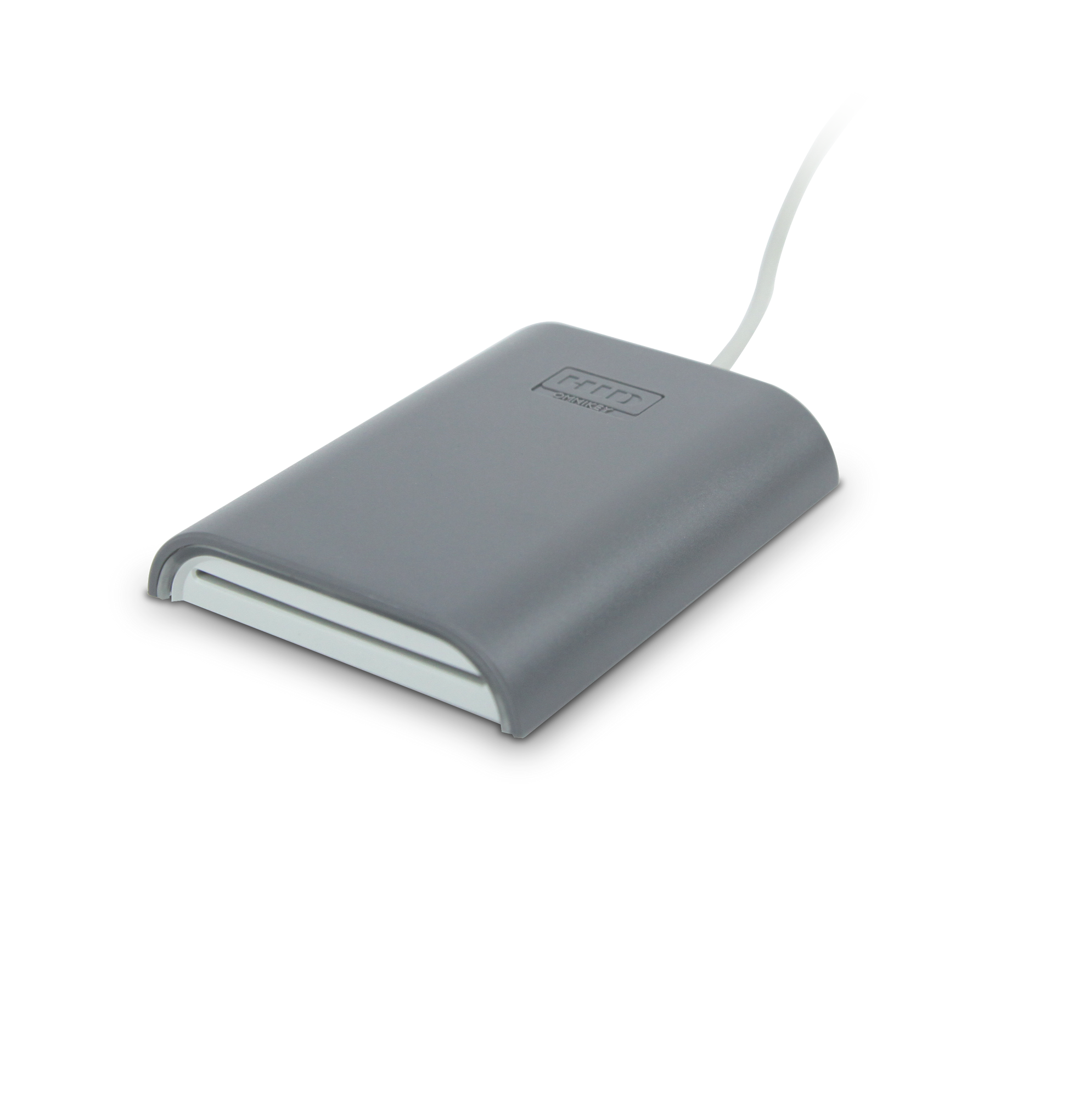 An HID OMNIKEY 5422 Dual Interface Contact & Contactless Smart Card Reader, showing a gray device with a white label and a white cable.