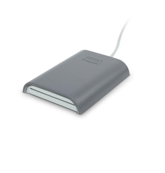An HID OMNIKEY 5422 Dual Interface Contact & Contactless Smart Card Reader, showing a gray device with a white label and a white cable.
