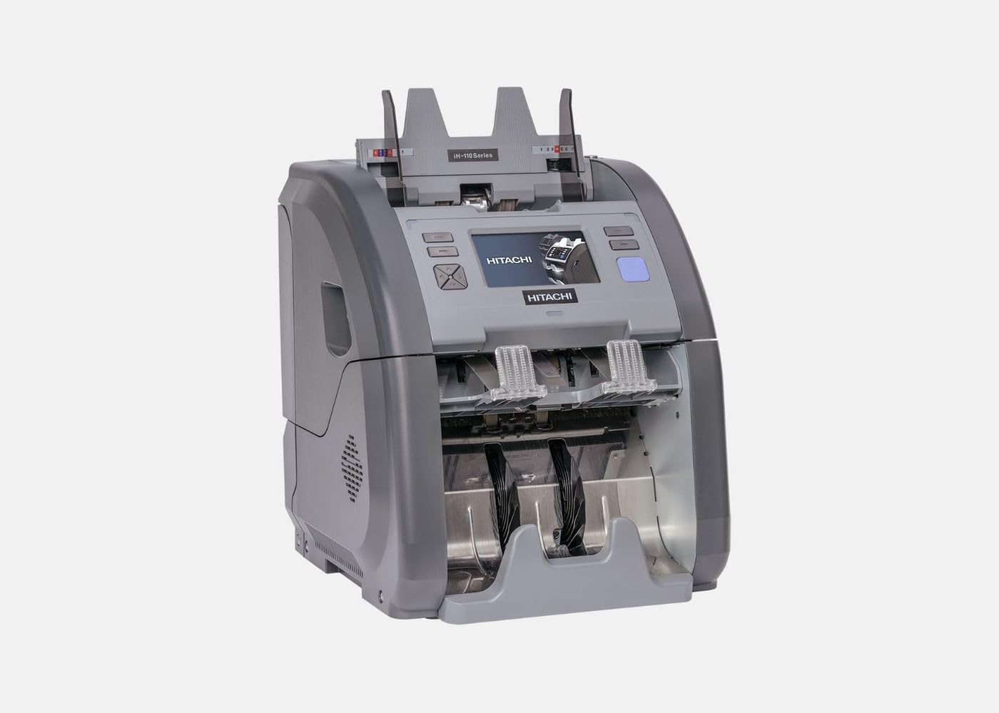 A gray Hitachi IH-110 cash counting machine with a digital display and various slots for paper bills.