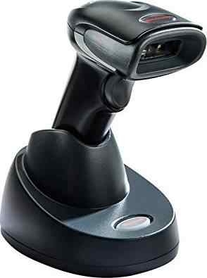 Honeywell 1452G 2D cordless laser barcode scanner with a USB connection, accompanied by a charging dock.
