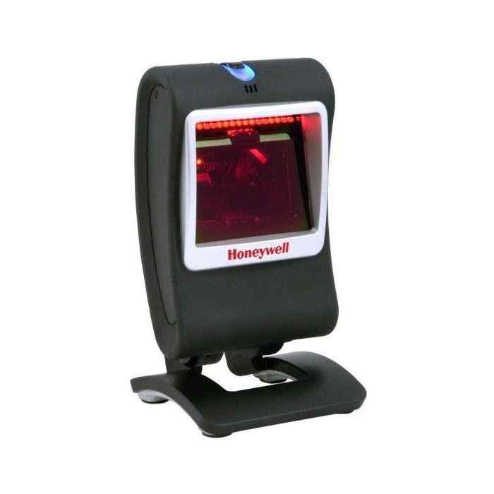 Honeywell Genesis 7580g 2D Barcode Scanner in black and silver color, attached to a stand.