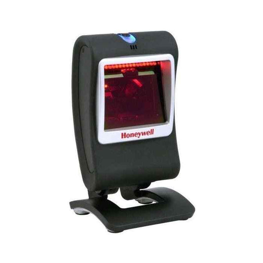 Honeywell Genesis 7580g 2D Barcode Scanner in black and silver color, attached to a stand.