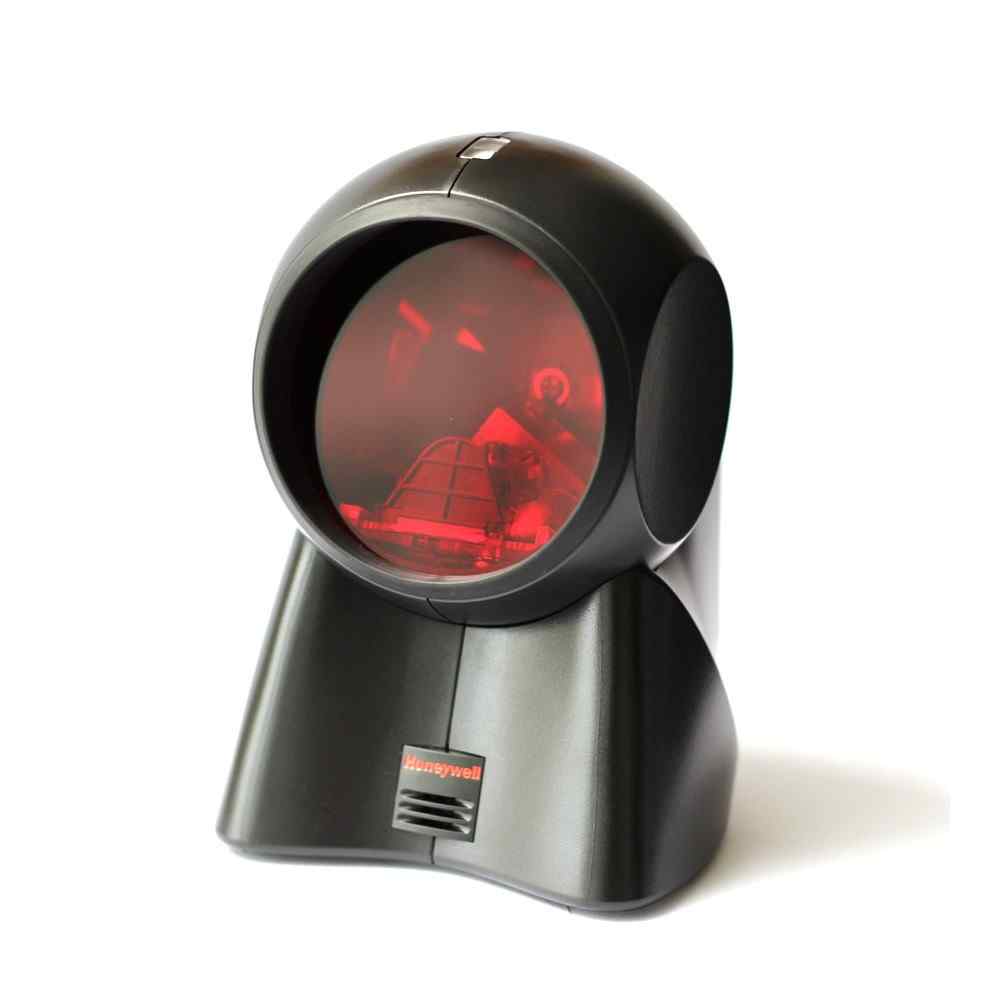 Honeywell Orbit 7180 hands-free presentation scanner with a red scanning light, mounted on a black stand.