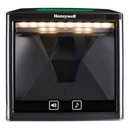 Honeywell Solaris 7980g 2D Presentation Scanner, black and green in color, with a visible scanning light, and Honeywell branding on the top.