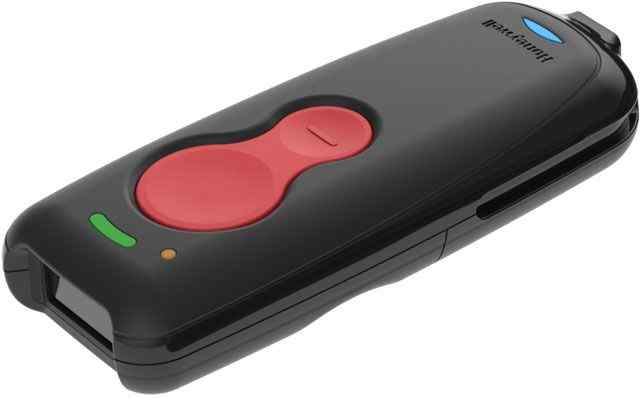 Honeywell Voyager 1602g Bluetooth pocket scanner in black with a red button, USB connectivity port, and LED indicator.