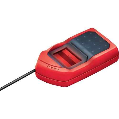 A red and black biometric fingerprint scanner with a USB connection.