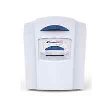 Magicard Pronto Neo single sided ID card printer in white with a blue strip, accompanied by a color ribbon and a stack of white cards.