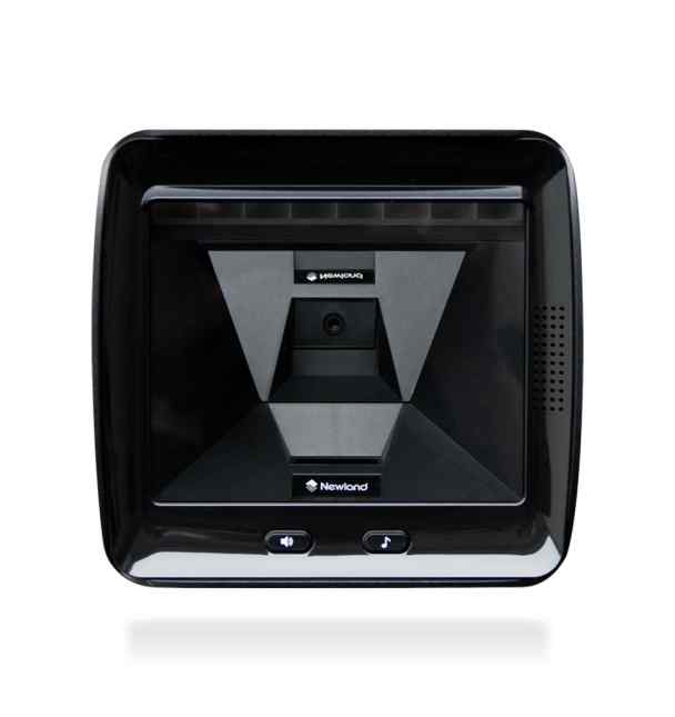 Newland FR80 Salmon Vertical 2D Presentation Scanner, black in color, with a visible brand logo on the top, and a scanning window in the front.