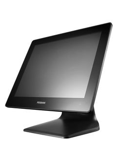 A black POSBANK Apexa TL POS Machine with a 15-inch screen, mounted on a counter stand.