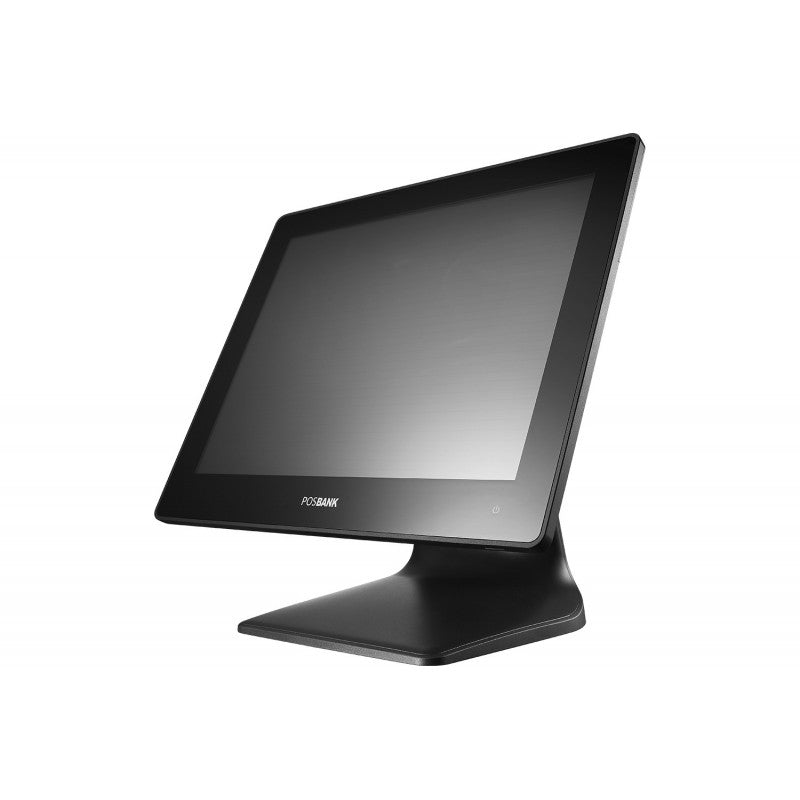 A black POSBANK Apexa EL POS Terminal with a 15-inch screen, mounted on a counter stand.