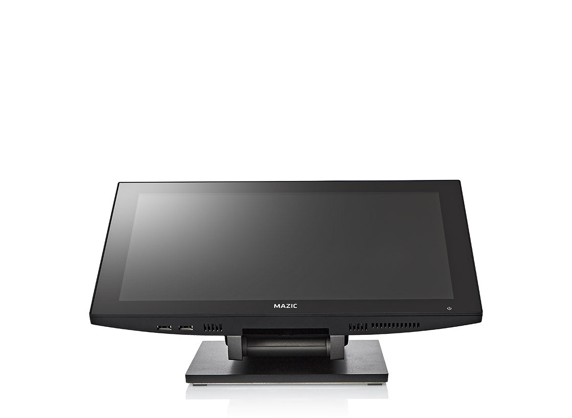 Black touchscreen monitor with MAZIC branding on a white background
