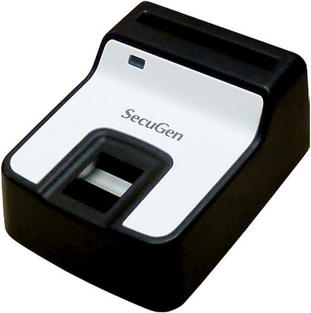 A black SecuGen fingerprint card reader with a white and black color scheme.
