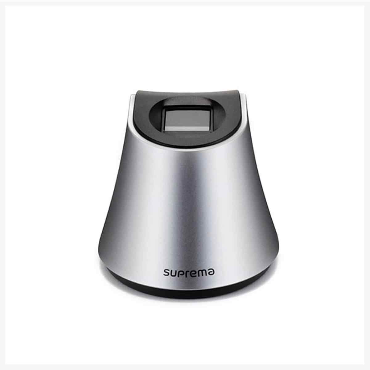 A silver Suprema BioMini Fingerprint Scanner against a white background.
