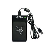 A black ZKTeco CR20E 125KHz Proximity Card USB Reader with a USB cable attached.