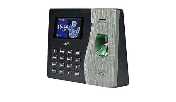 A ZKTeco K14 Fingerprint Time Attendance Machine, featuring a digital screen, a fingerprint scanner, and a phonebook-style directory.