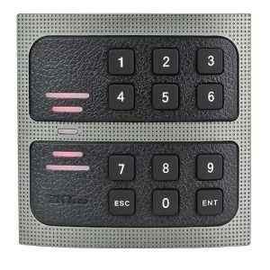 A ZKTeco proximity card reader with built-in keypad, featuring numeric keys and RFID technology, in a silver color.