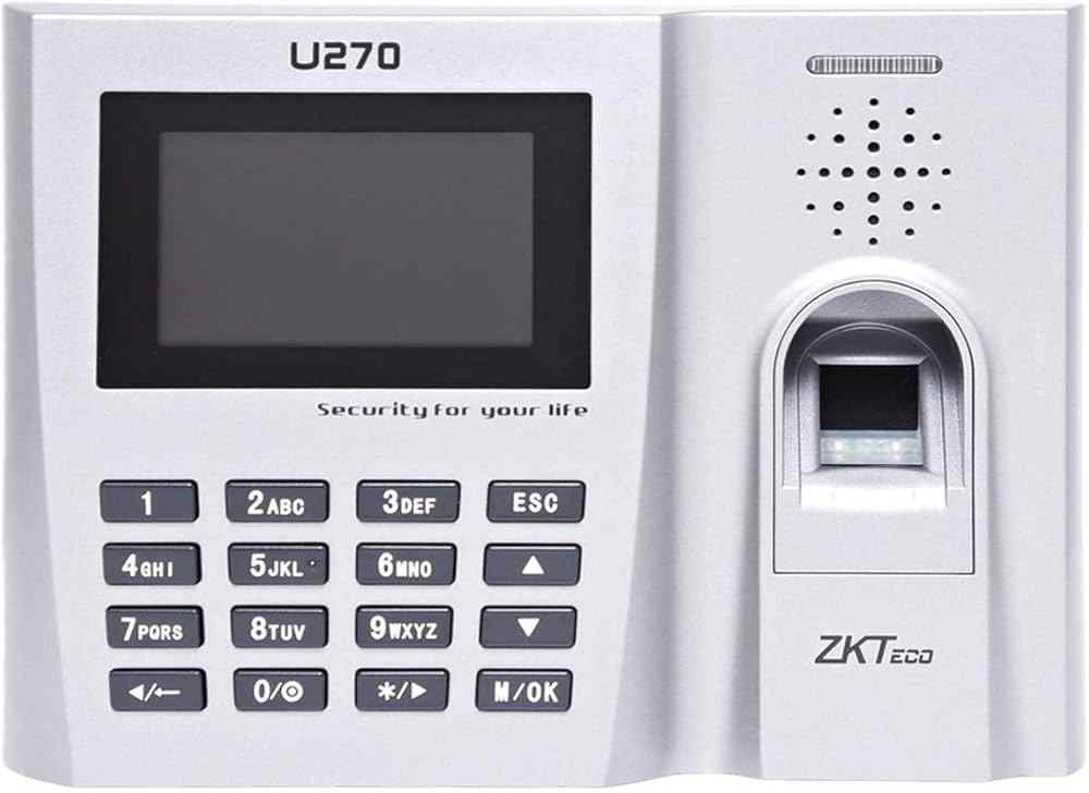 Biometric fingerprint time attendance machine with a keypad and digital display.