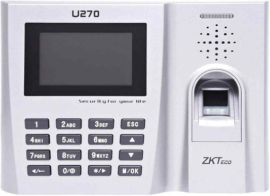 Biometric fingerprint time attendance machine with a keypad and digital display.
