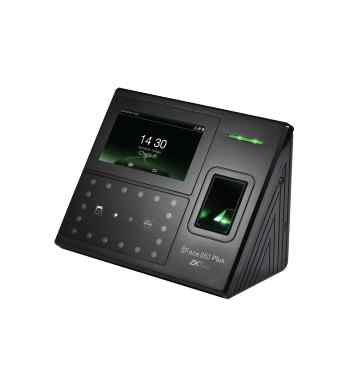 A black ZKTeco iFace880 time attendance machine with a digital screen and a fingerprint scanner.
