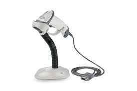 A white 1D LS2208 general purpose barcode scanner with USB cable and stand.