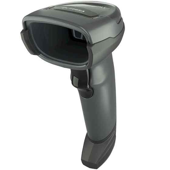 Handheld 2D barcode scanner with a black casing and a scanning head.
