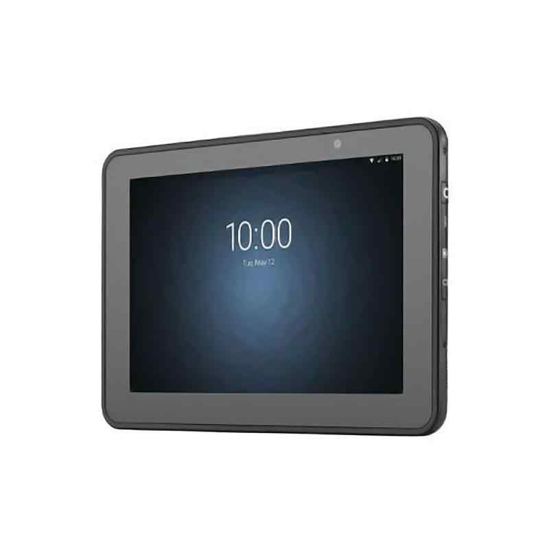 An 8-inch Zebra ET50 Android tablet displaying time and date on its screen, with a black casing.