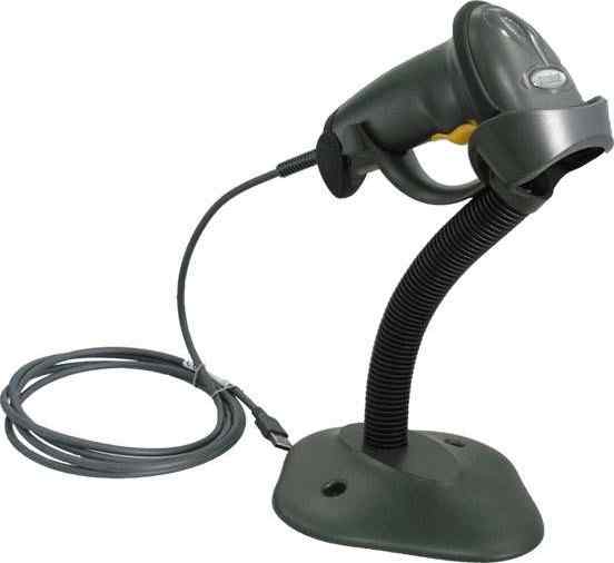 2D Barcode Scanner LS2208-SR in twilight black color mounted on a stand with a keyboard wedge cable.
