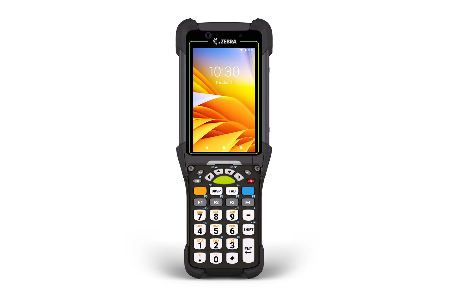 Zebra mobile computer with a colorful display on a white background