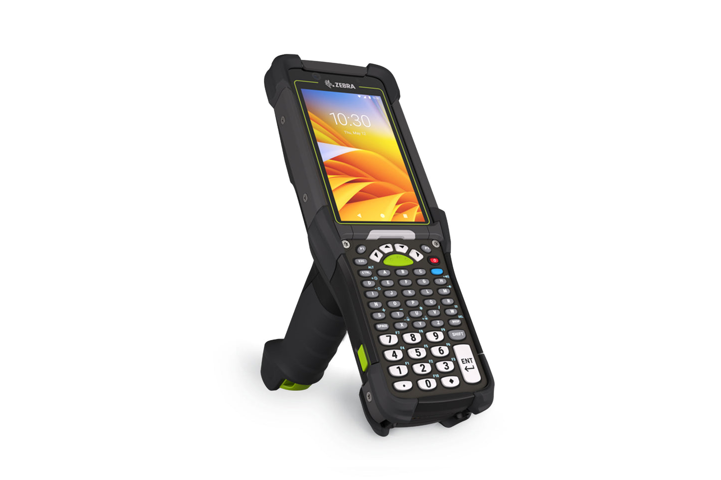 Handheld device with screen and keypad on a white background