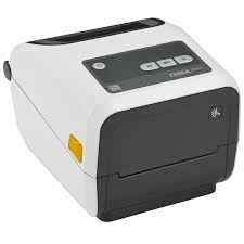 A white Zebra ZD421T Healthcare Barcode Printer with a black and gray body, featuring a display and control buttons on the top panel.