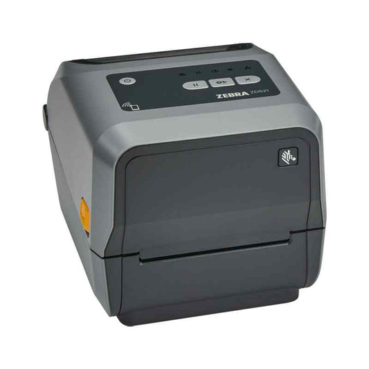 A Zebra ZD621T barcode printer with USB, Ethernet, and Bluetooth connectivity. The printer is gray in color and has a control panel on the top.