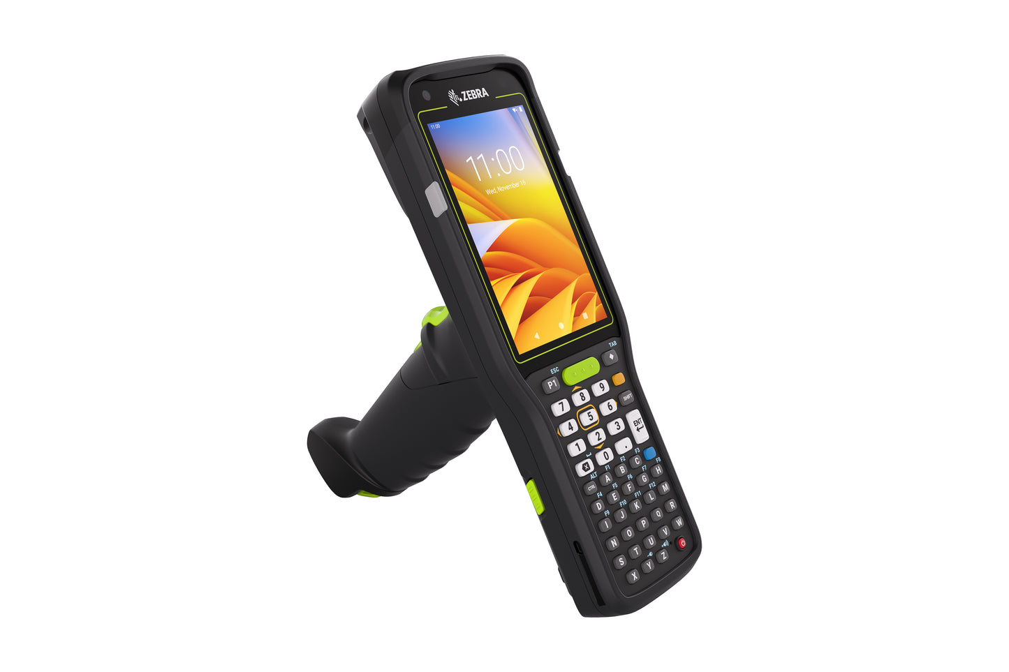 Handheld device with screen and keypad on a white background
