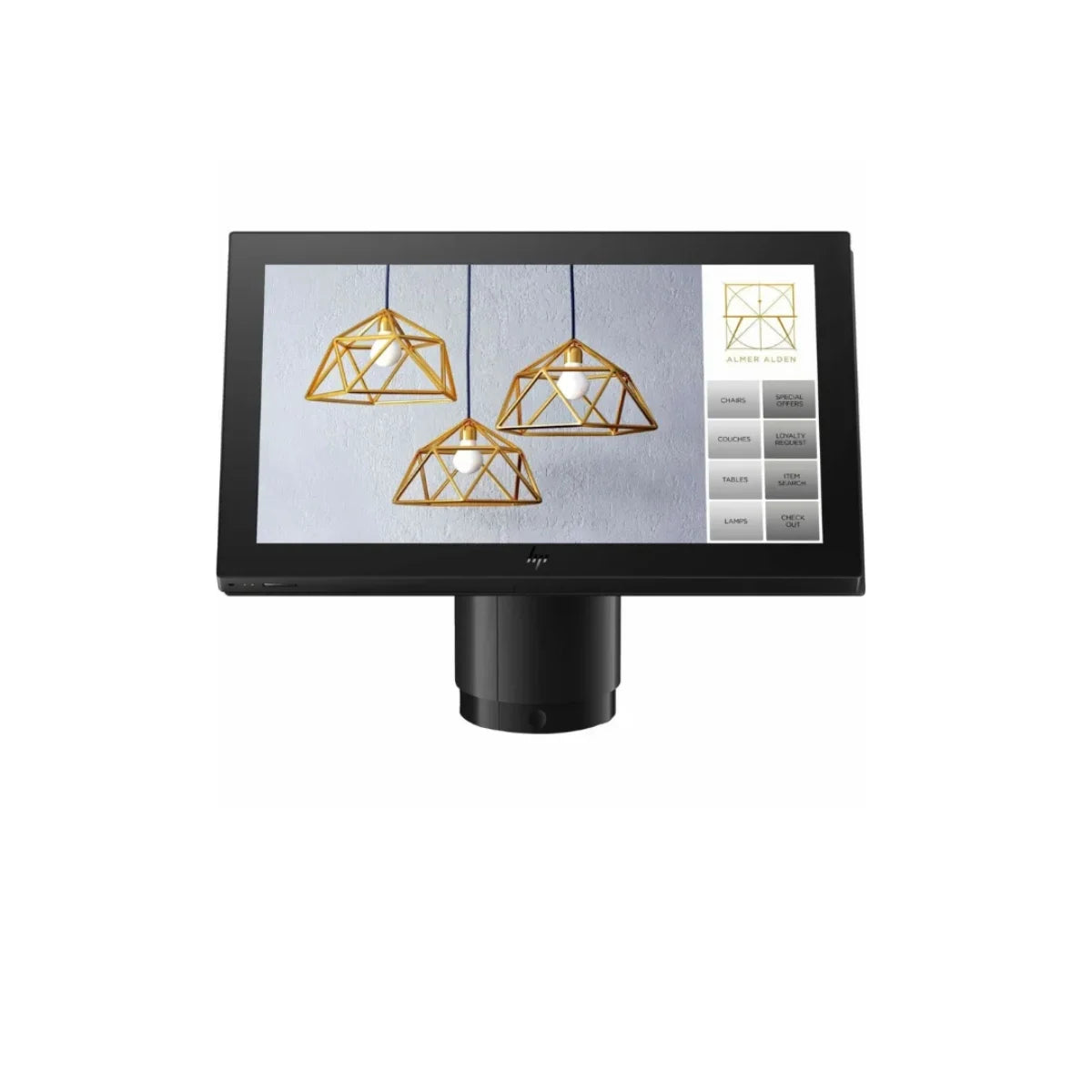Touchscreen monitor displaying images of gold pendant lights on a white background