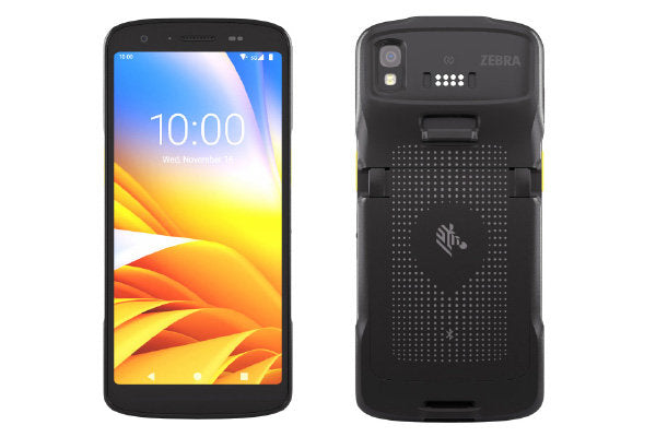 Front and back view of Zebra TC22 mobile computer with touchscreen and camera
